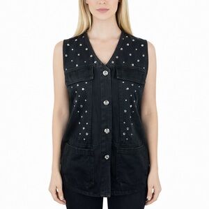 Vintage Saint Germain Black Jean Jacket Vest Rhinestone Embellished 80s Size S